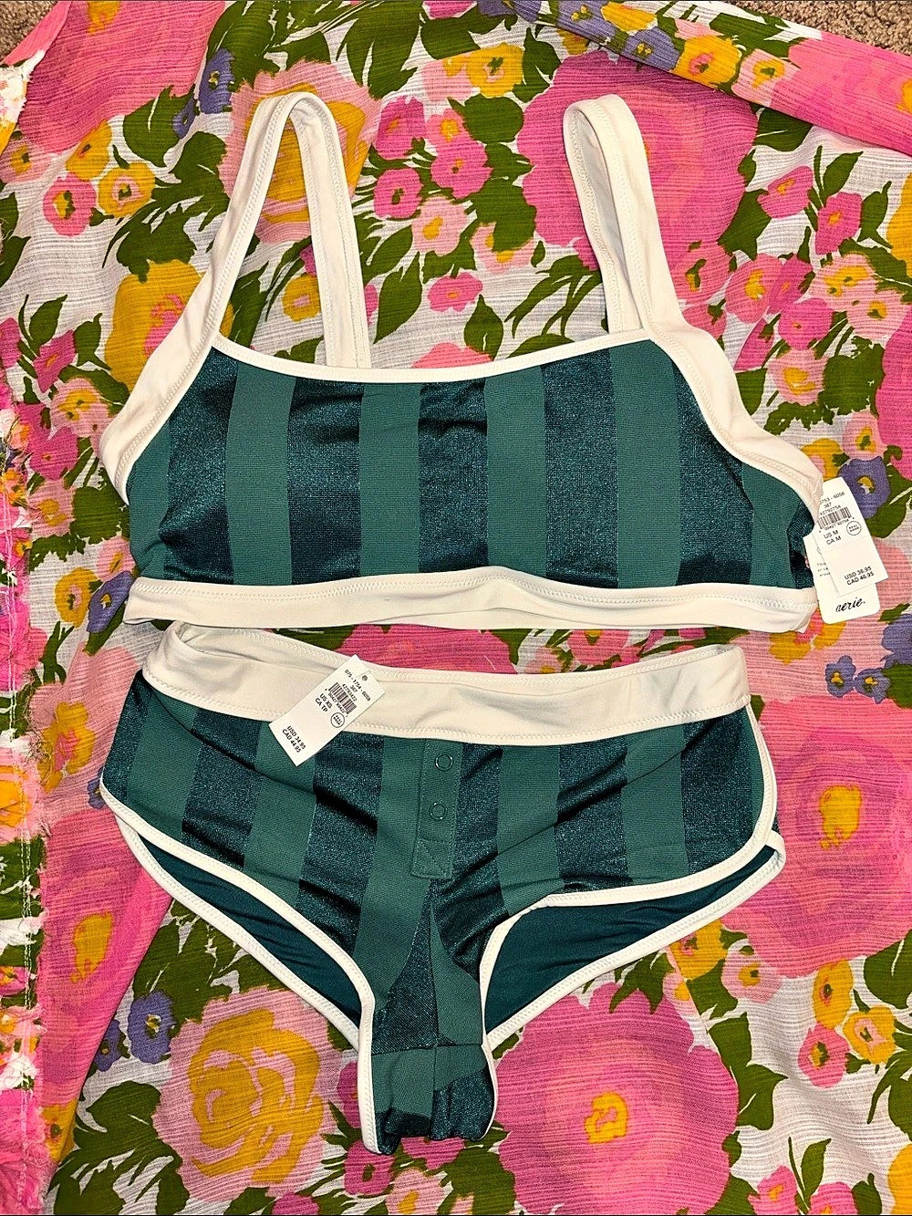 NWT Aerie The Sandscoop Shine Bikini Set Fresh Teal White Trim